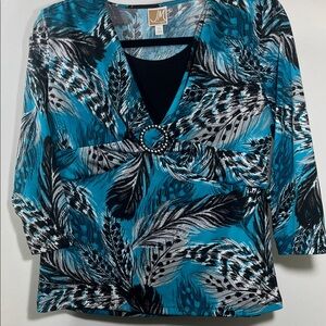 Attractive Teal & Black Feather Pattern Blouse w/ Rhinestone Embellishments PM